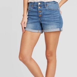High-Rise Blue Denim Button Down Shorts